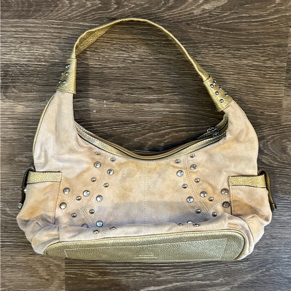 Kathy Van Zeeland Beige Suede Shoulder Bag studded leather - Picture 1 of 8